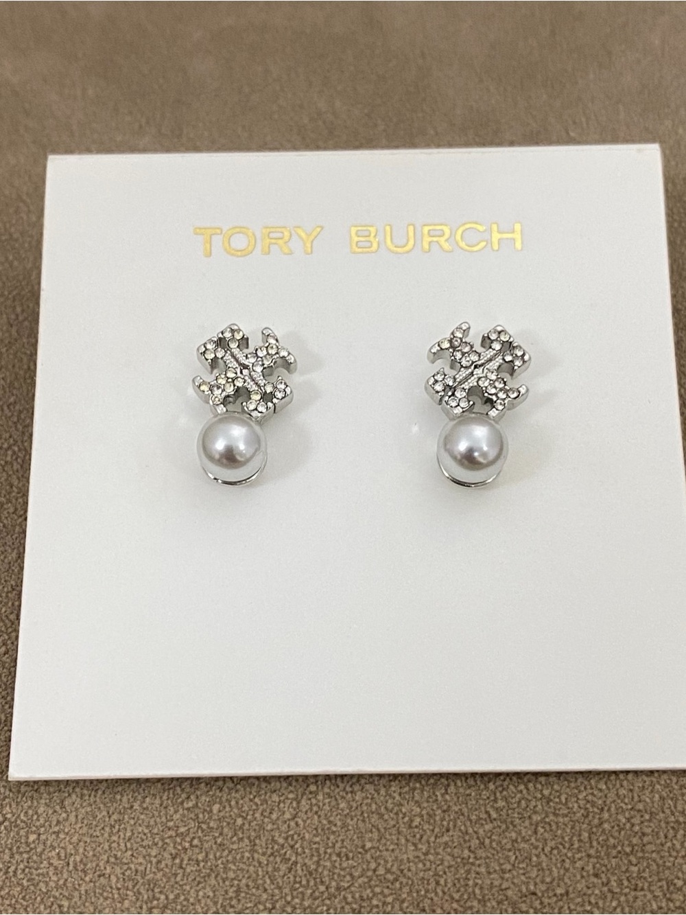 Tory Burch Silver Crystal Logo Pearl Drop Earrings
